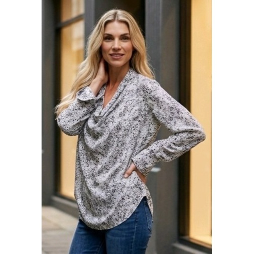 Haute Hippie SZ S 100% Silk Animal Print Effortless Drapey Neck Long Sleeve Top